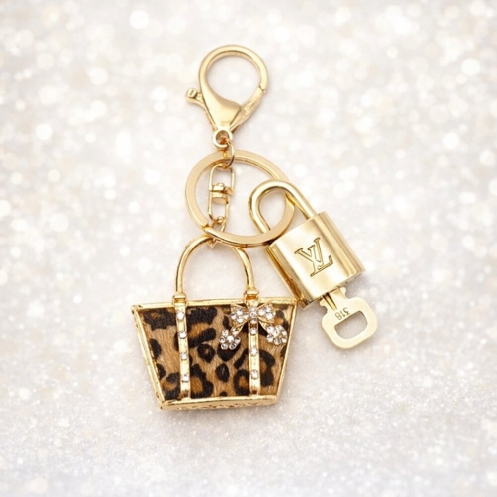 Authentic Louis Vuitton Padlock & Key Gold ✨Unbranded Leopard Bag Charm Keychain